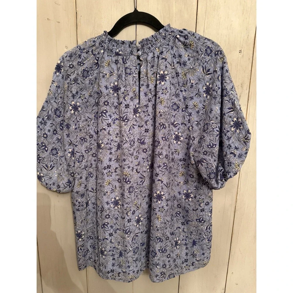 Ann Taylor LOFT Light Blue Floral Blouse Lg Puff Balloon Sleeve Cottage Core Top